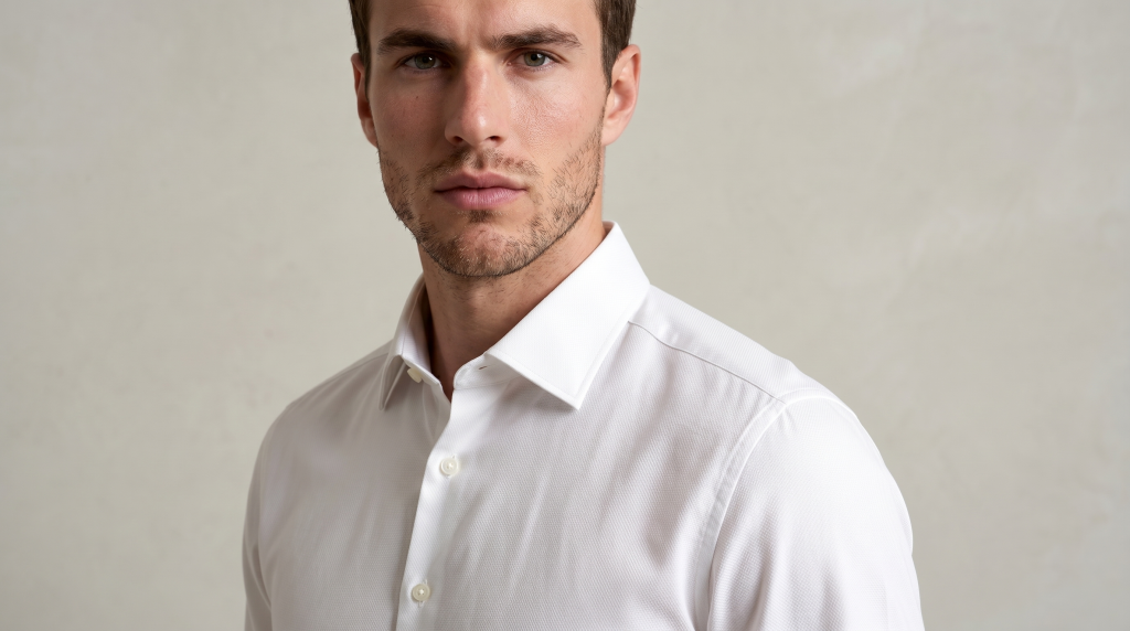 Close-up of a shirt collar and chest fit on a man