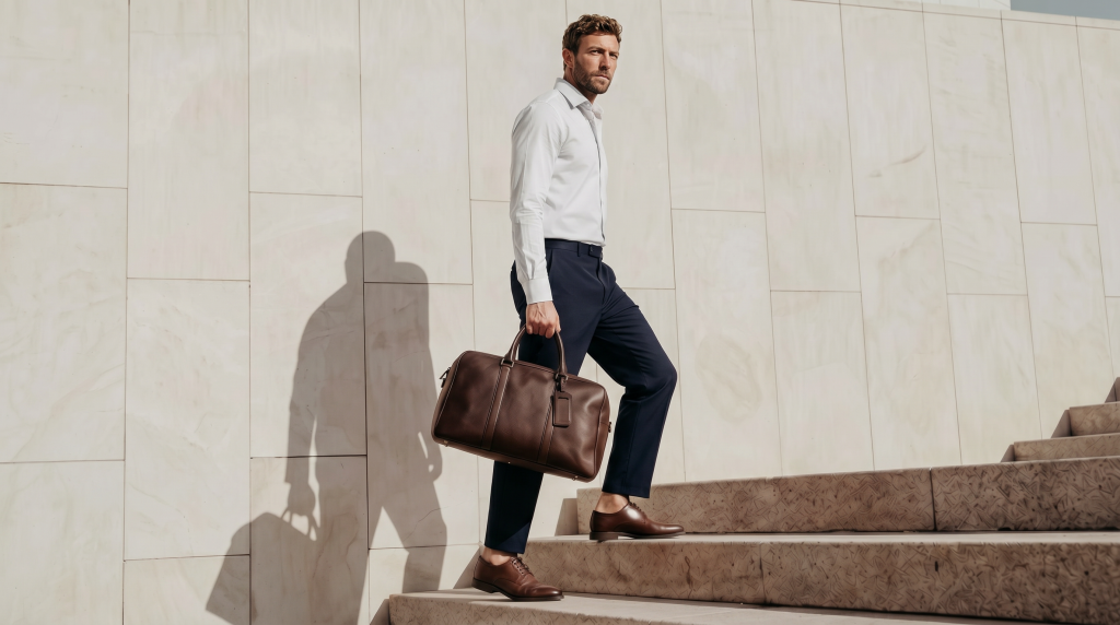 Man wearing a Dresilo made-to-measure shirt on a stone staircase