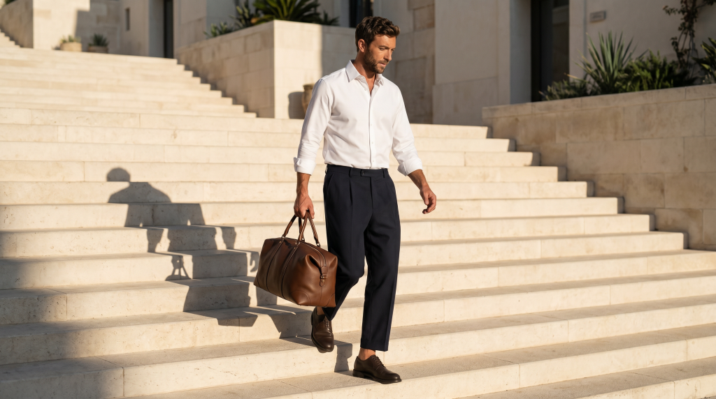 Man in a made-to-measure shirt walking down stairs in Paris