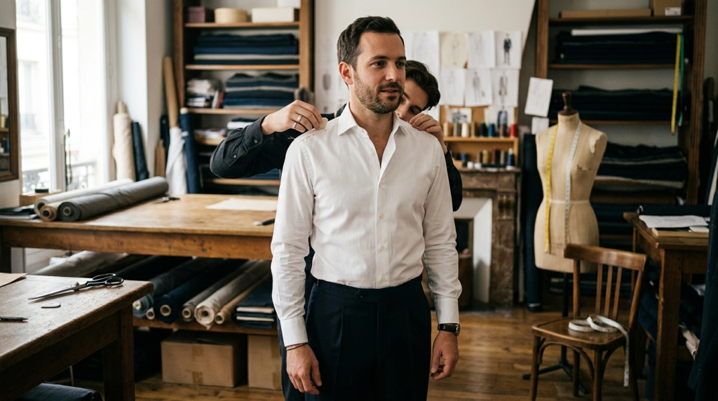 Man being fitted for a white made-to-measure shirt by a tailor in a Paris atelier