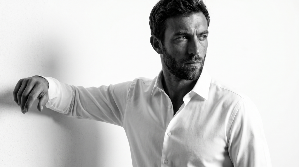 Man in a tailored shirt leaning on a wall, relaxed pose