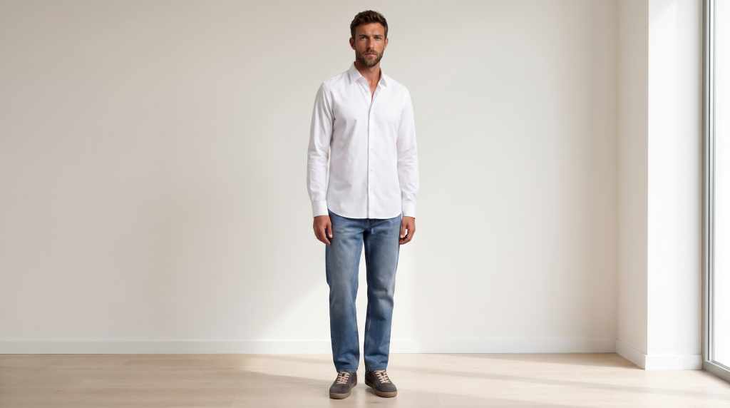 Man in a made-to-measure shirt standing in a white room