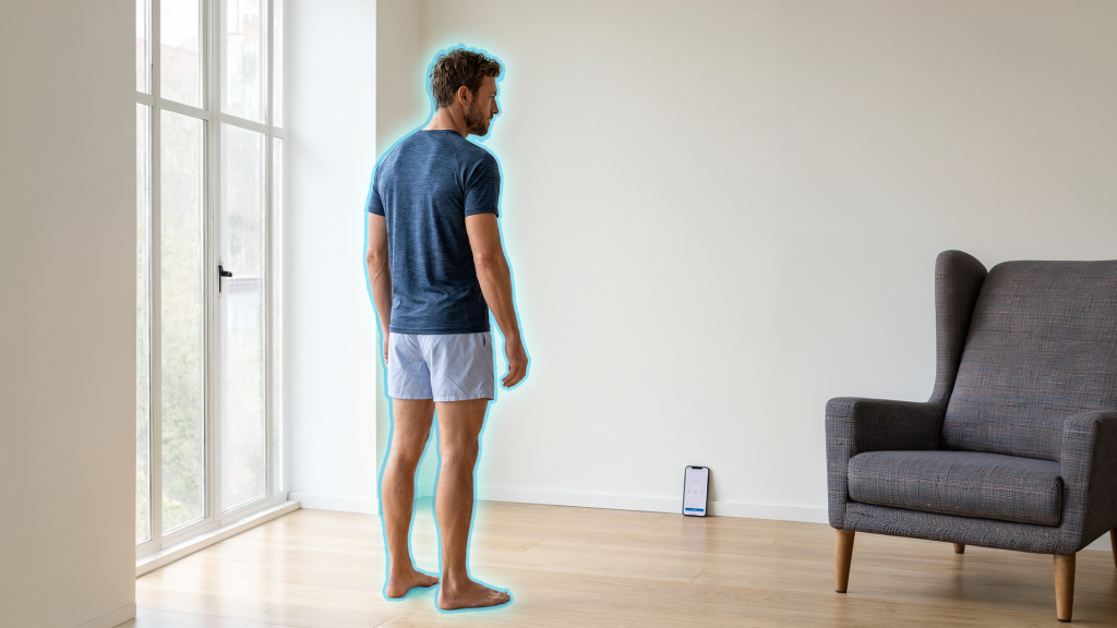 Man taking a body measurement photo at home for a made-to-measure shirt order