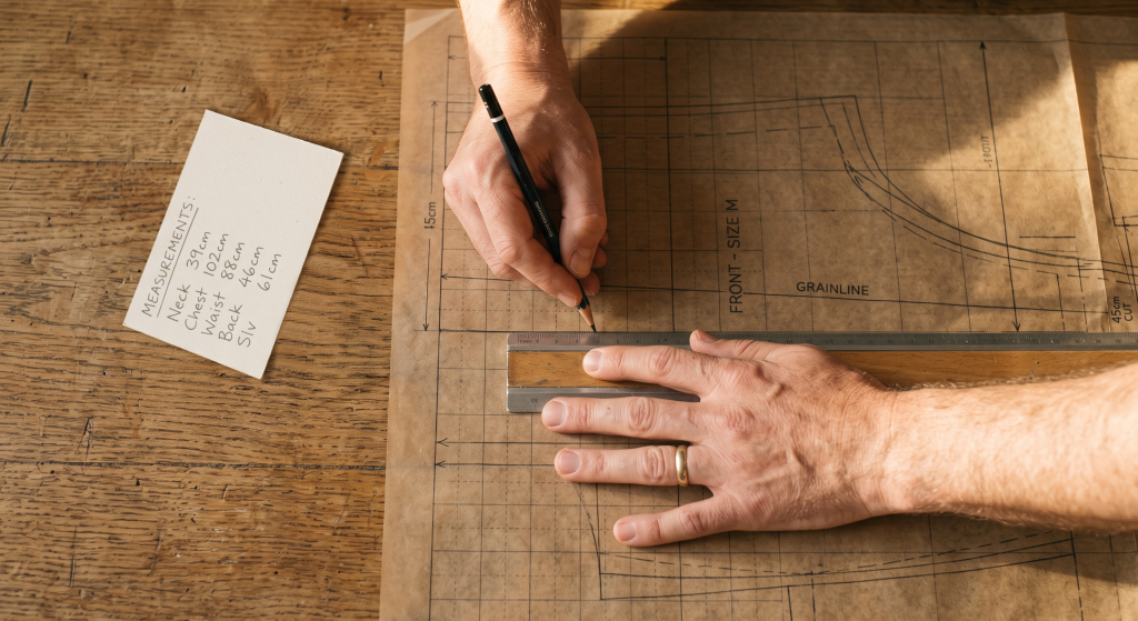 Tailor's hand drawing a custom shirt pattern from body measurements